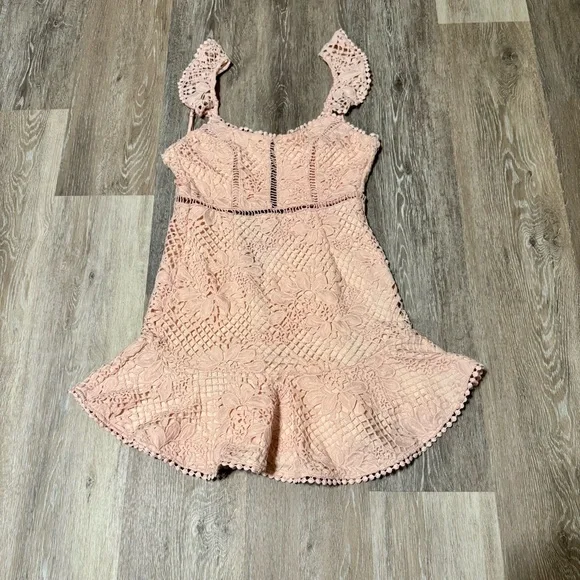 Selfie Leslie- Hali Frill Strap Crochet Overlay Pink Mini-Dress - Size XS. - Picture 6 of 8